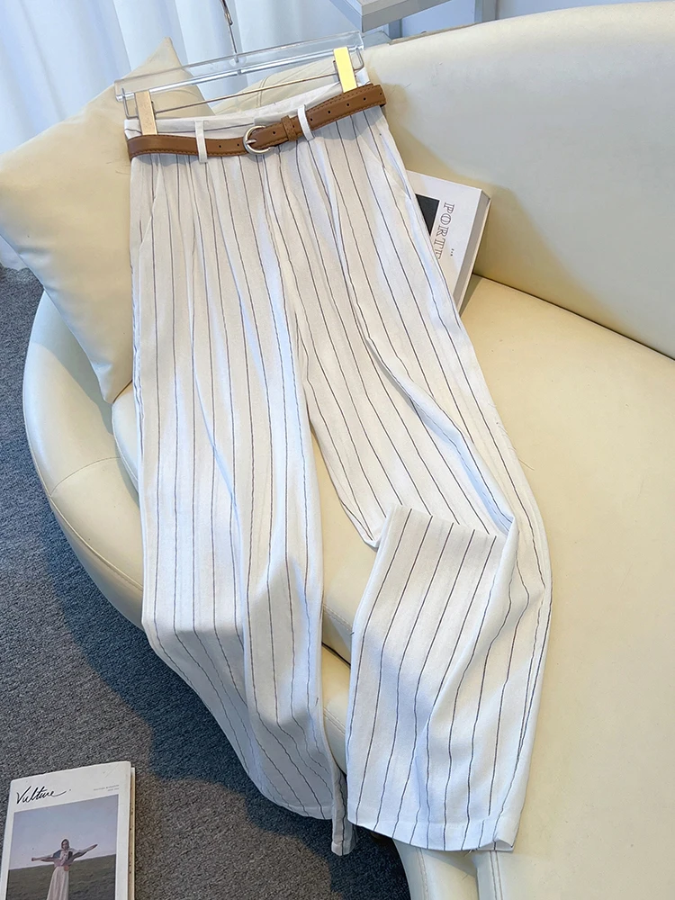 Pantalones informales a rayas blancas para mujer, pantalones finos sueltos de pierna ancha, cintura alta, estilo coreano, para ir al trabajo, primavera, otoño y verano