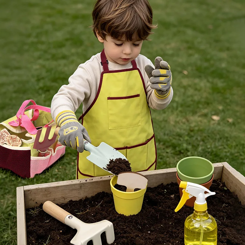 Kids Garden Tool Set Pretend Play Outdoor Shovel Rake Trowel Watering Pot Apron Glove Planting Beach Toy Children Birthday Gift