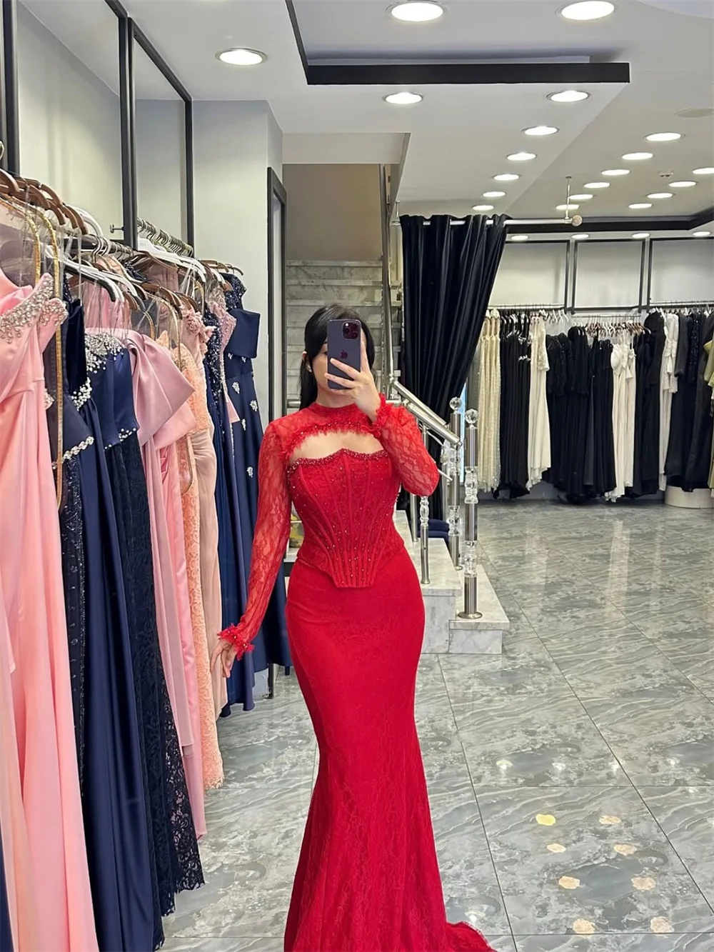 Cathy Customized Red Detachable Lace Sleeves Prom Dress Elegant Mermaid vestidos de noiva Floor-length Formal Evening 2025