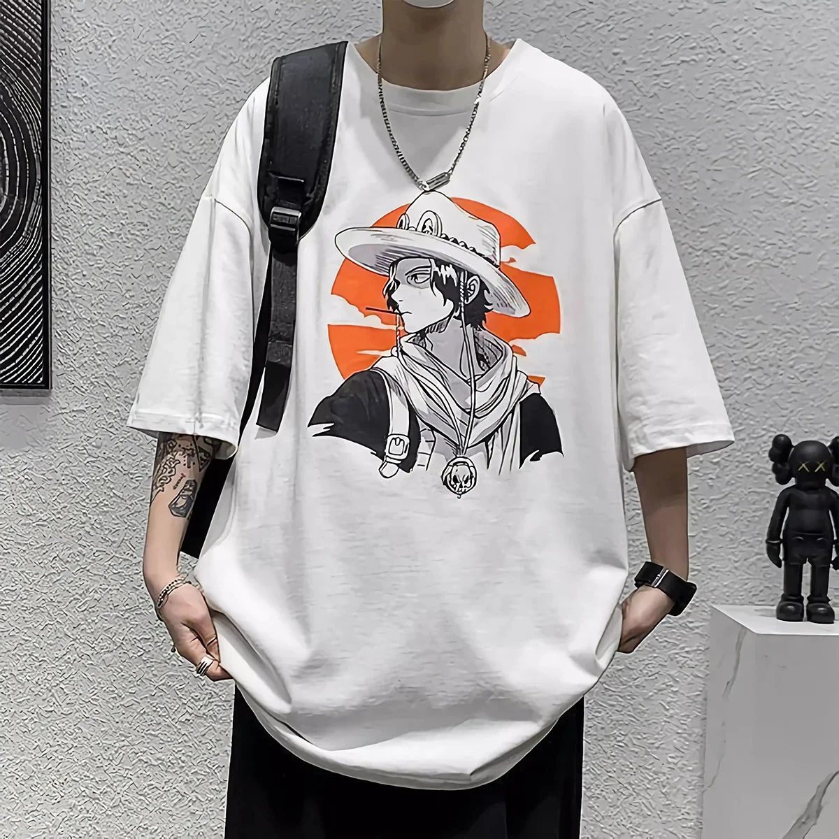 قطعة واحدة Ace تي شيرت الرجال قصيرة الأكمام القطن الثقيل الرسوم المتحركة الصيف هونغ كونغ نمط فضفاض ومتعدد الاستخدامات الاتجاه نصف كم