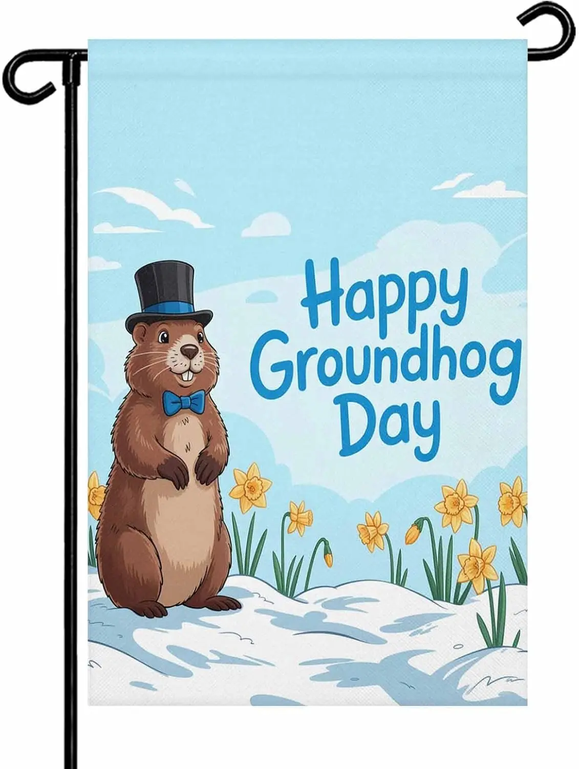 Happy Groundhog Day Garden Flags 28x40 Double Sided Outside Decoration Cartoon Cute Ground Hog Flowers Sky Blue Decorative W PPM