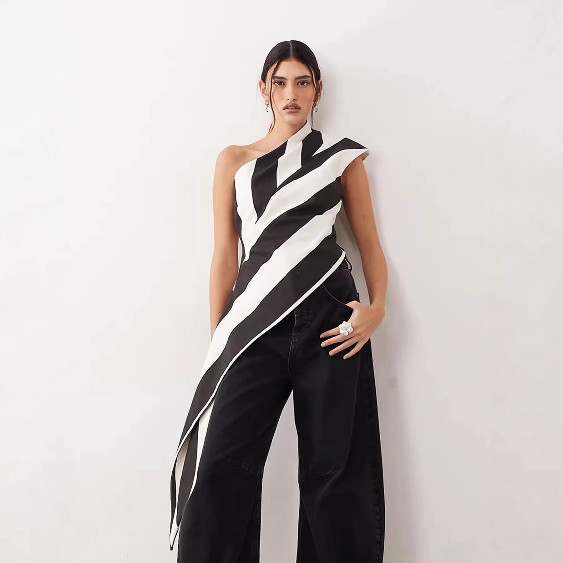 American Retro Striped Chiffon Shirt Women's Summer Fashion Design Sense Spice Girl Slanted Shoulder Top Asymmetrical Pleated - view 6