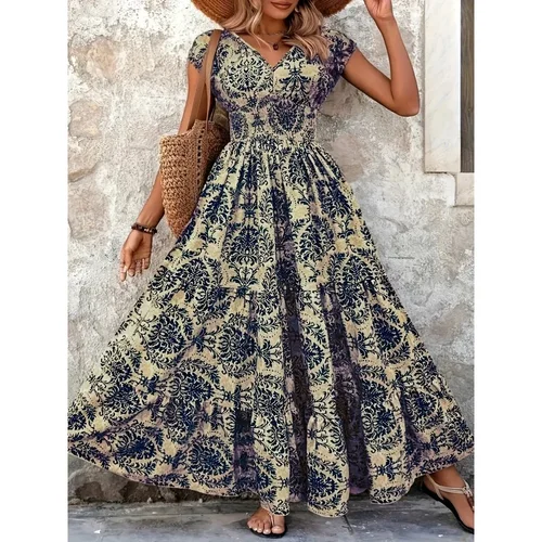Imagen 1 del producto Vestido de talla grande con estampado Floral bohemio para mujer, vestido de manga corta con cuello en V, falda con volantes de gran tamaño para mujer, vestidos largos informales de corte a