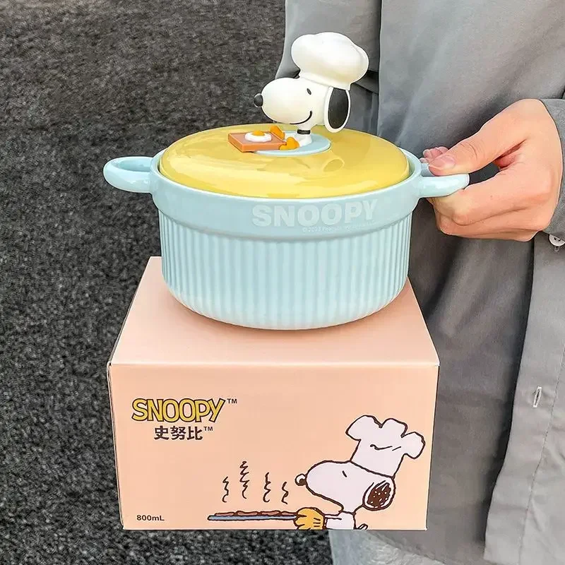 Disney Snoopy 3D Doll Cute Kawaii Ceramic Soup Bowl with Lid and Two Ears Large Capacity Instant Noodle Bowl Fashion Gift