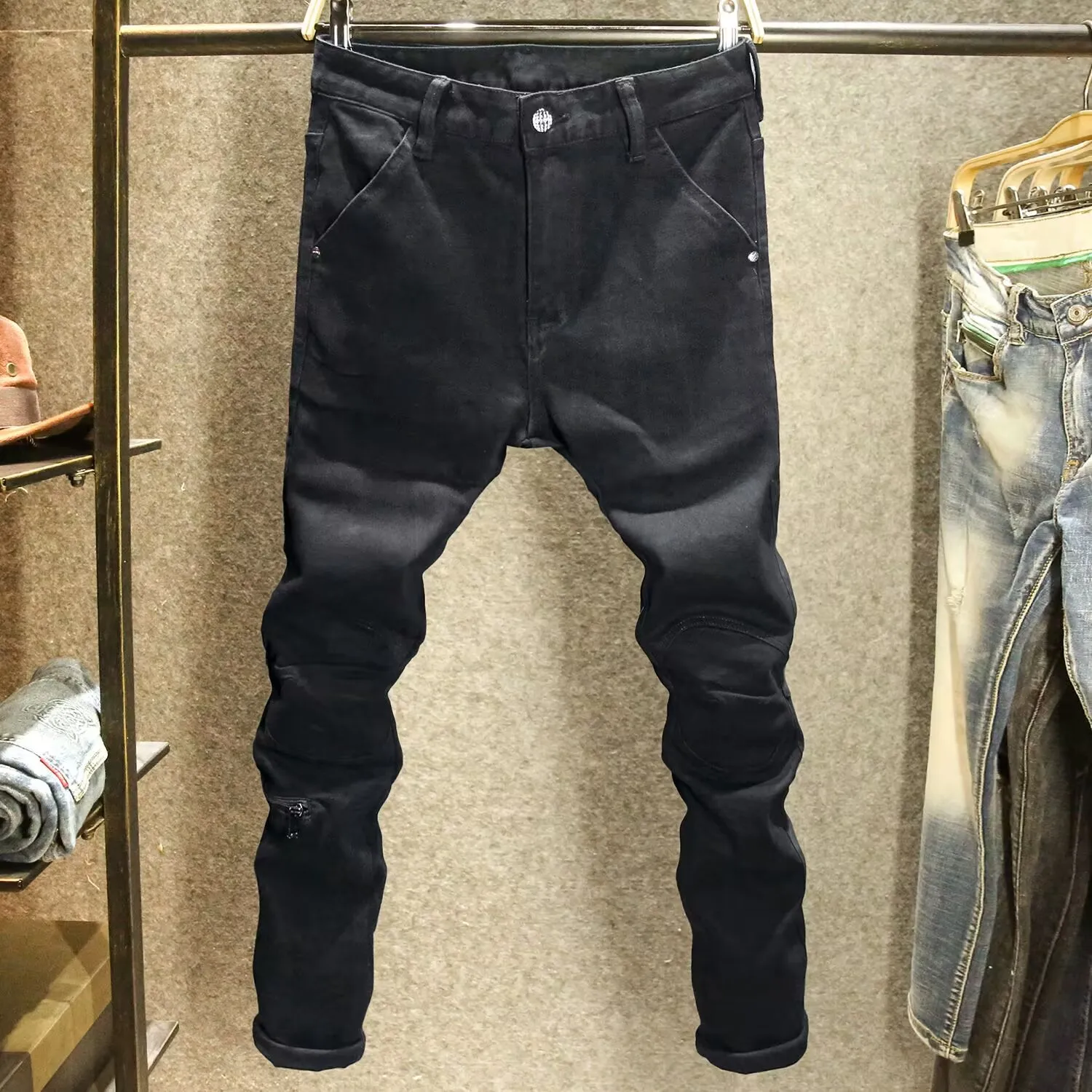 

Slim Fit 3D Tailored Jeans Men's Elastic Ankle Pants Black High-End Functional Fashion Design Casual Cotton Blend Denim