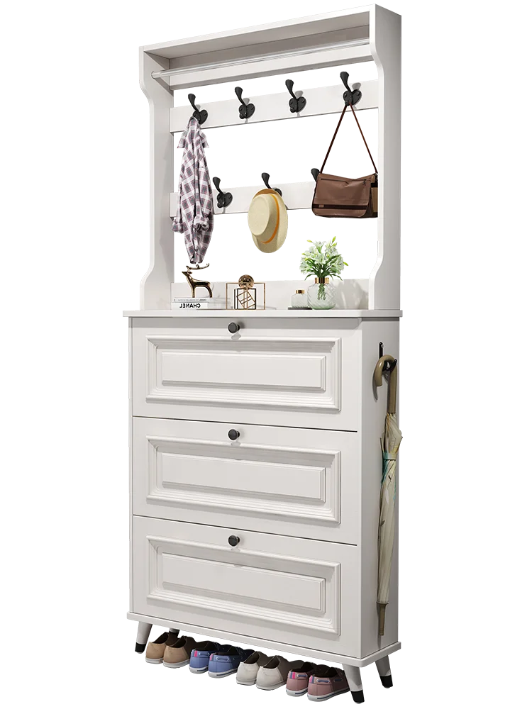 American ultra-thin tipping bucket shoe cabinet, integrated solid wood leg shoe rack at the entrance of the home