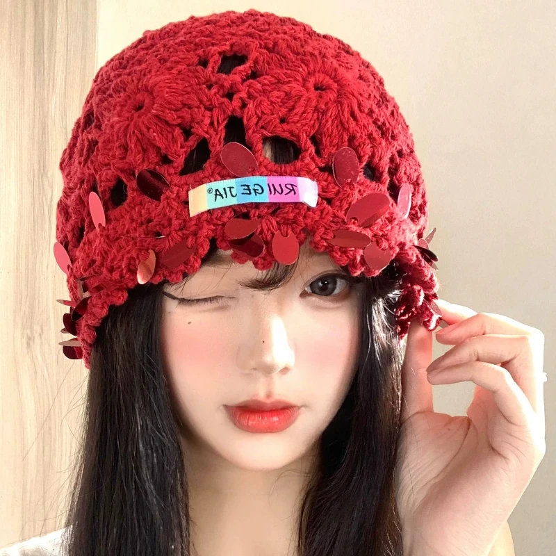

Korean Fashion Sequins Hand-crocheted Pullover Hats for Women Spring and Summer Travel Photos Versatile Elegant Hollow Beanies