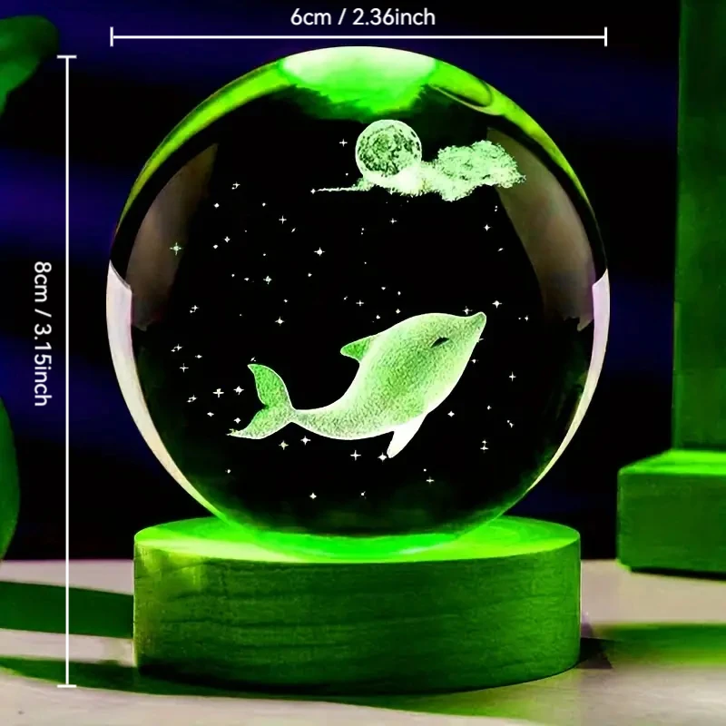 1PC Dolphin 3D Carved Crystal Ball Night Light, Living Room Home Decoration, Gifts for Girlfriend, Wife, and Colleagues