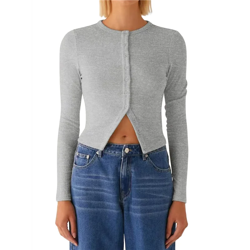 

ASDS-Womens Long Sleeve Tops Fall Light-Weight Cardigan Cropped Going Out Shirts Ribbed Button Down Cute Trendy
