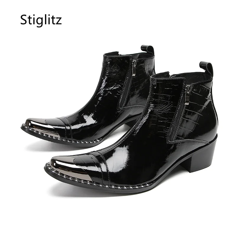 Black Leather Ankle Boots Men Safety Shoes Man for Work Wedding Shoes Metal Toe Side Zipper Med Heels High-Top Short Boots