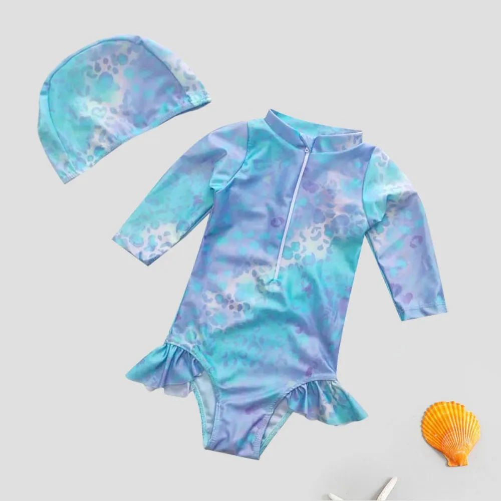 Baby Kids One-piece Swimsuit Toddler Girls Long Sleeve Swimwear With Swim Cap Leopard Print Swimming Clothing Baby Bathing Suit