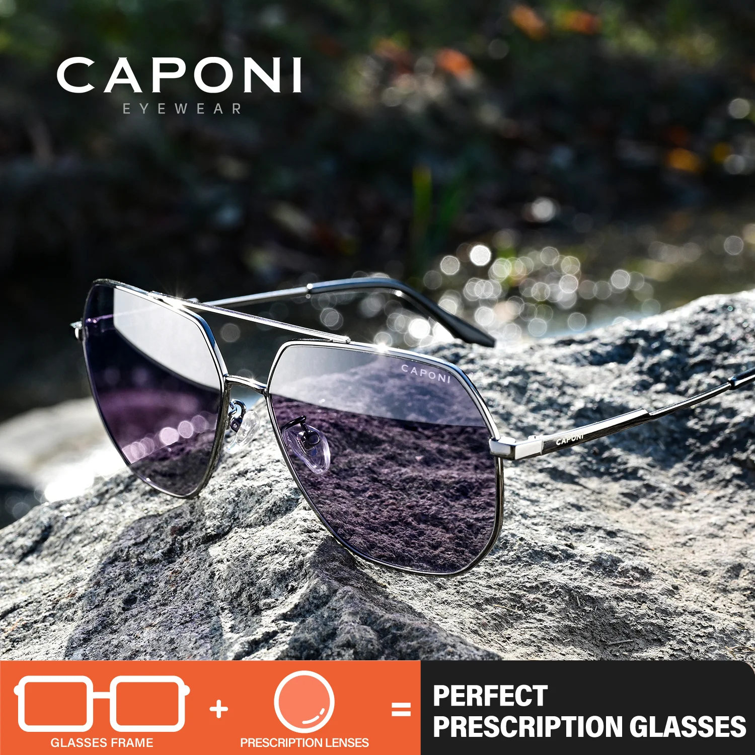 CAPONI Polarized Men Sunglasses Prescription Progressive Double Bridge Reading Glasses Night Vision Myopia Black Shades PJ8279