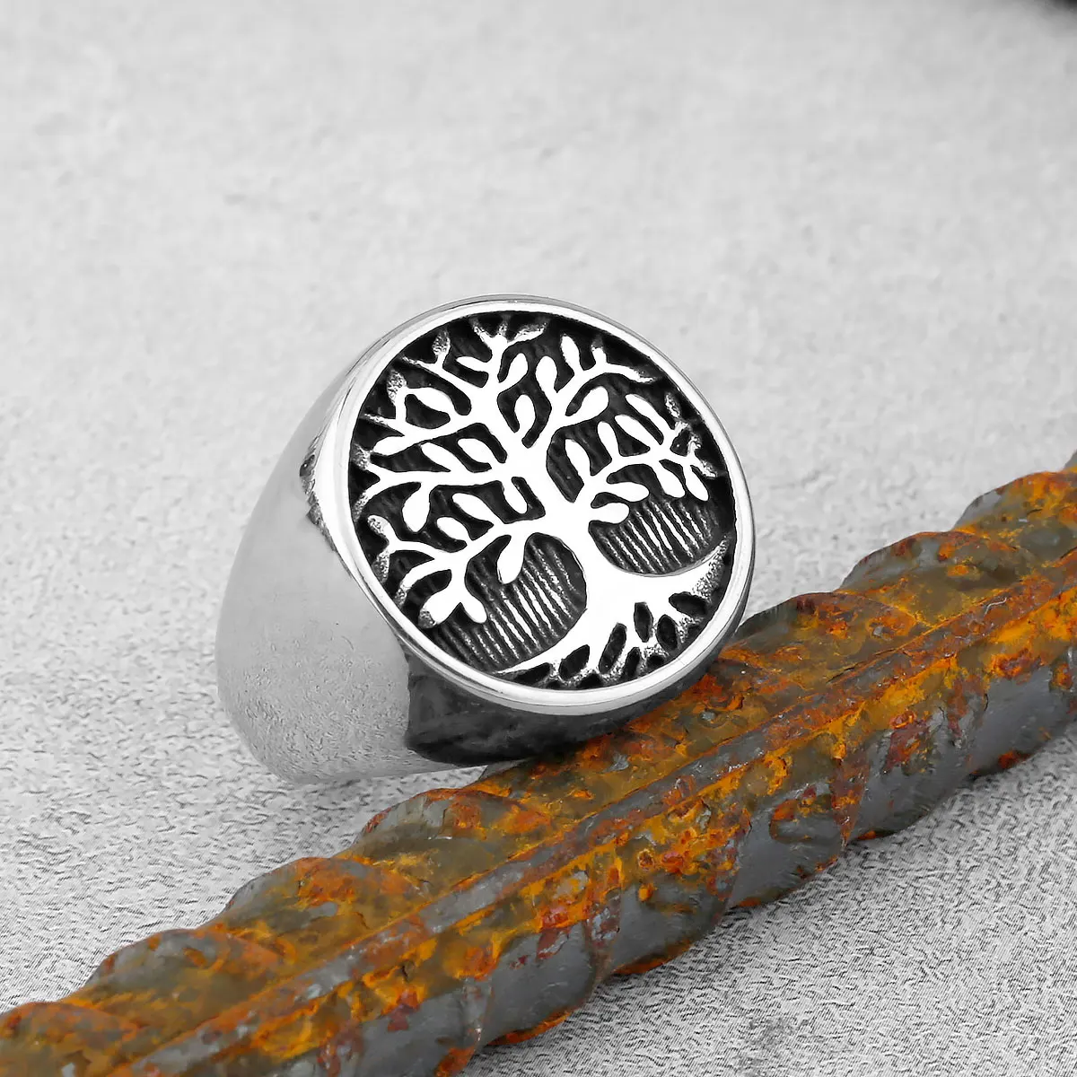 Retro European and American Stainless Steel Tree of Life Ring Men's Amulet Fashion Jewelry Youth Party Personality Ring