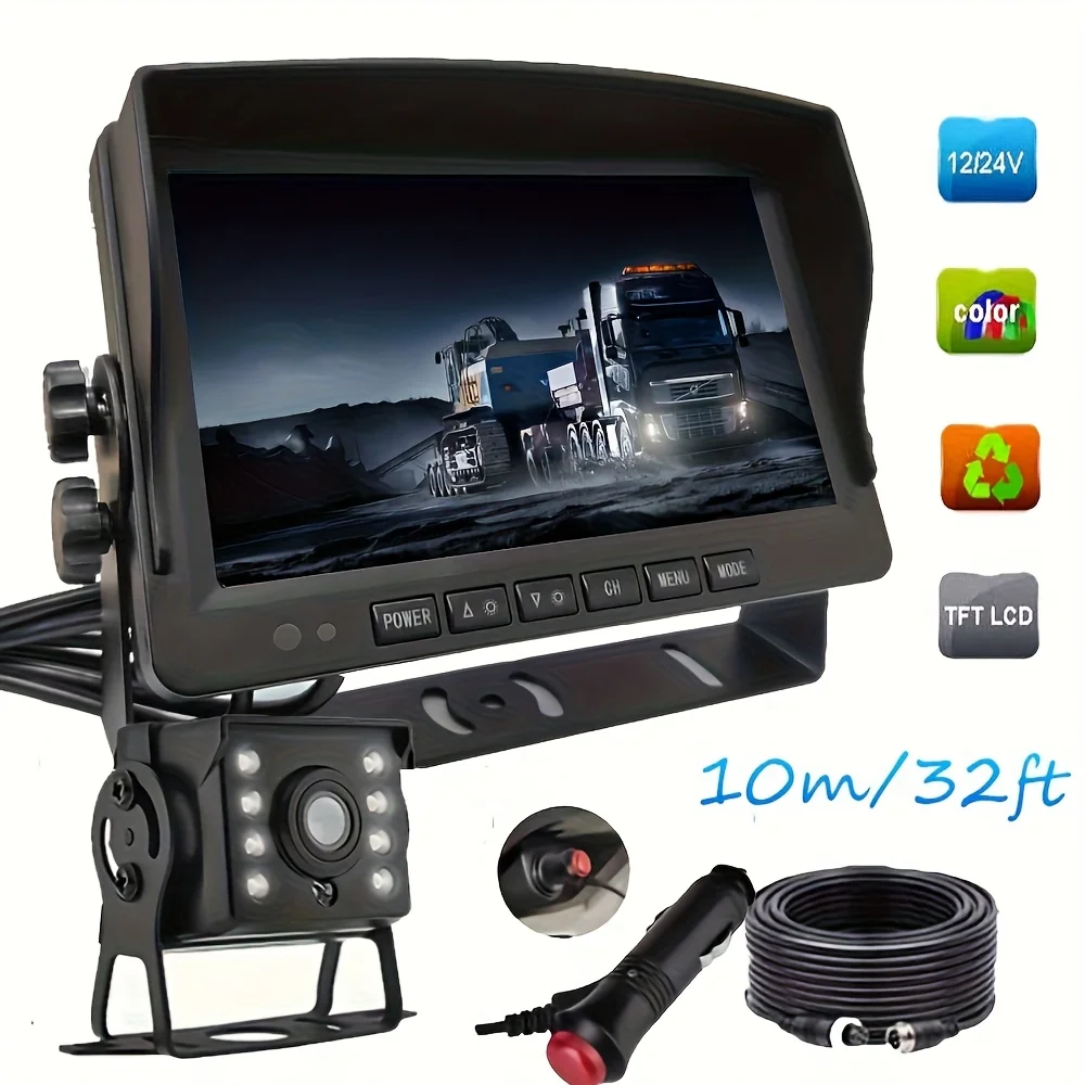 7-Inch Rear View Monitor Kit LED Backup Camera 12-24V for Buses Trucks RVs Pickups Parking Assistant Easy Installation
