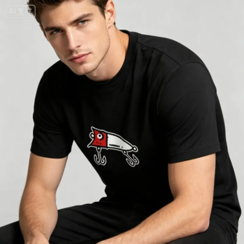 Male Standard Fit Modal T‑Shirt Round Neck Cute Graffiti Fishing Lure Graphic Print Short Sleeve Casual Outdoor Streetwear Tees