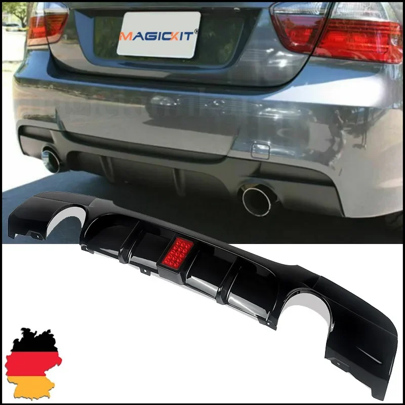 MagicKit FOR BMW 3 SERIES E90 E91 335i M SPORT REAR DIFFUSER W/ LED GLOSS BLACK 2005-2012