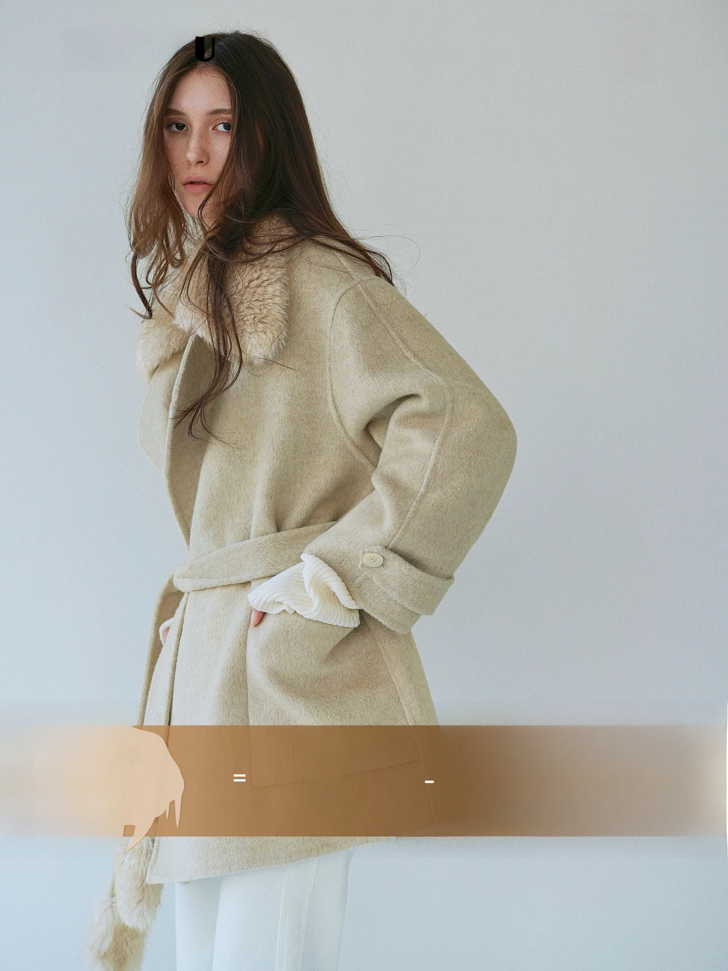 

AZHU Detachable Eco-Friendly Wool Collar Mid-Length Woolen Coat Double-Faced Waist-Cinching Coat Ele Sle Pure E-commerce
