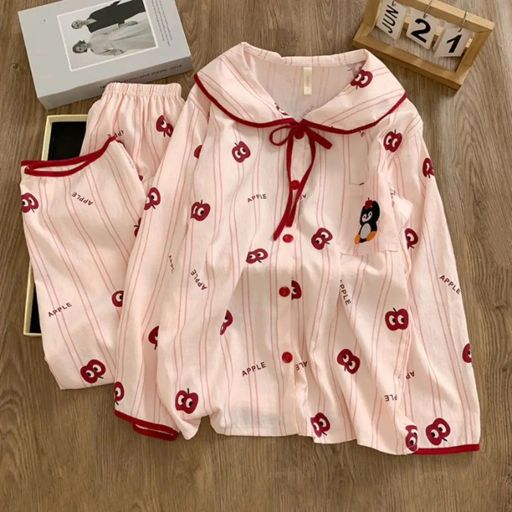 

Comfortable Flip Collar Stripe Pajamas Set Penguin Dog Sweet Pajamas Suit Home Wear Casual Long Sleeves Pajamas Girl