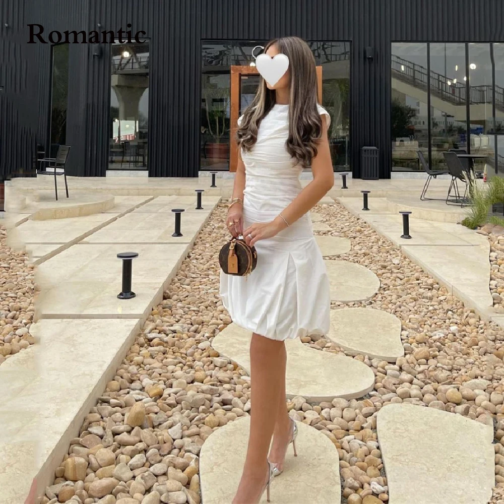 

Romantic White Satin Evening Dress A Line O Neck Sleeveless Short Prom Gowns Vestido de festa Women Wedding Party Gowns 2022