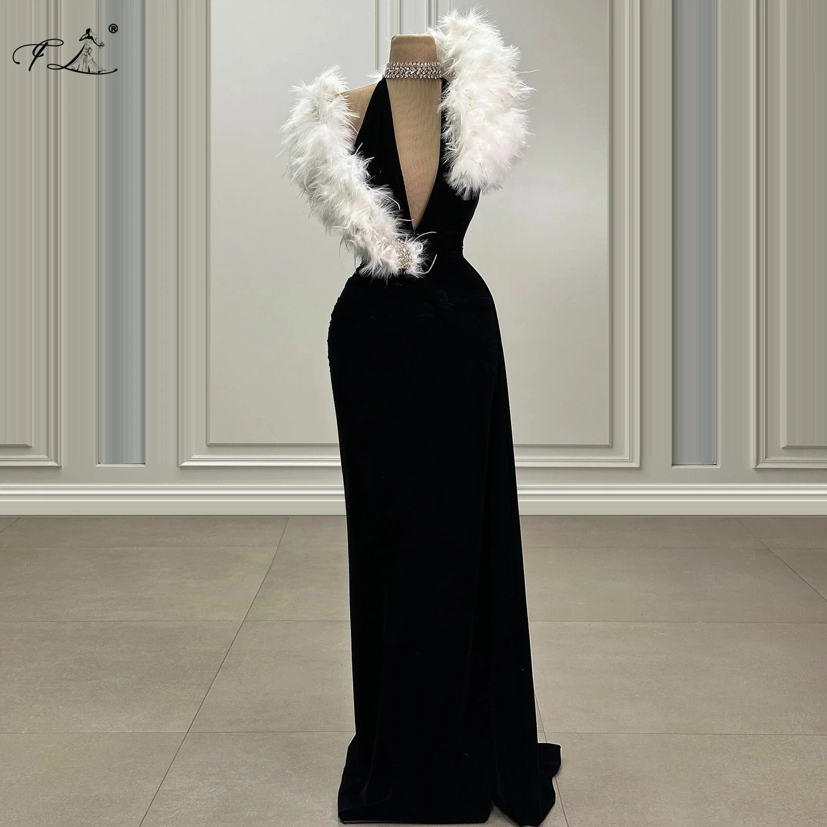 Socialite Dress Formal Occasion Dress White Fur Collar V-neck Black Dress Rhinestone Sexy Elegant Women's Dress Customizable