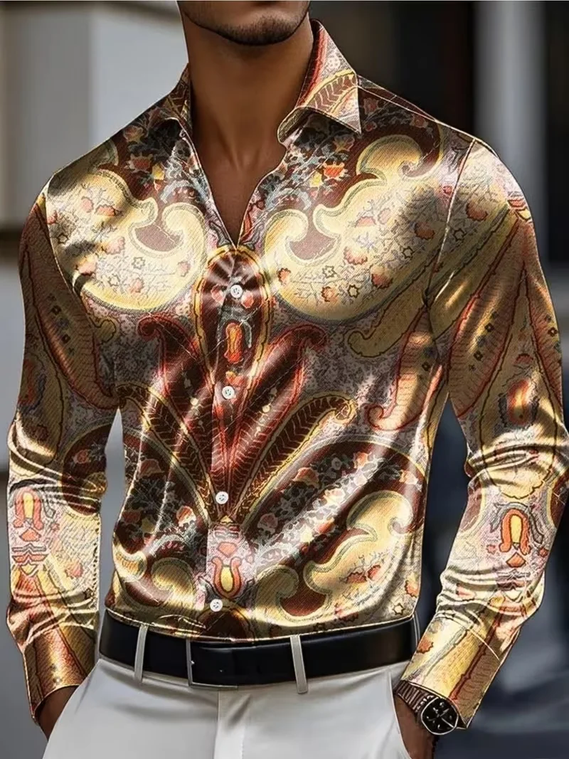 New Gold Brown Paisley Cashew Flower 3D Printed Pattern Long Sleeve Shirt Luxury Retro Men's Business Shirt