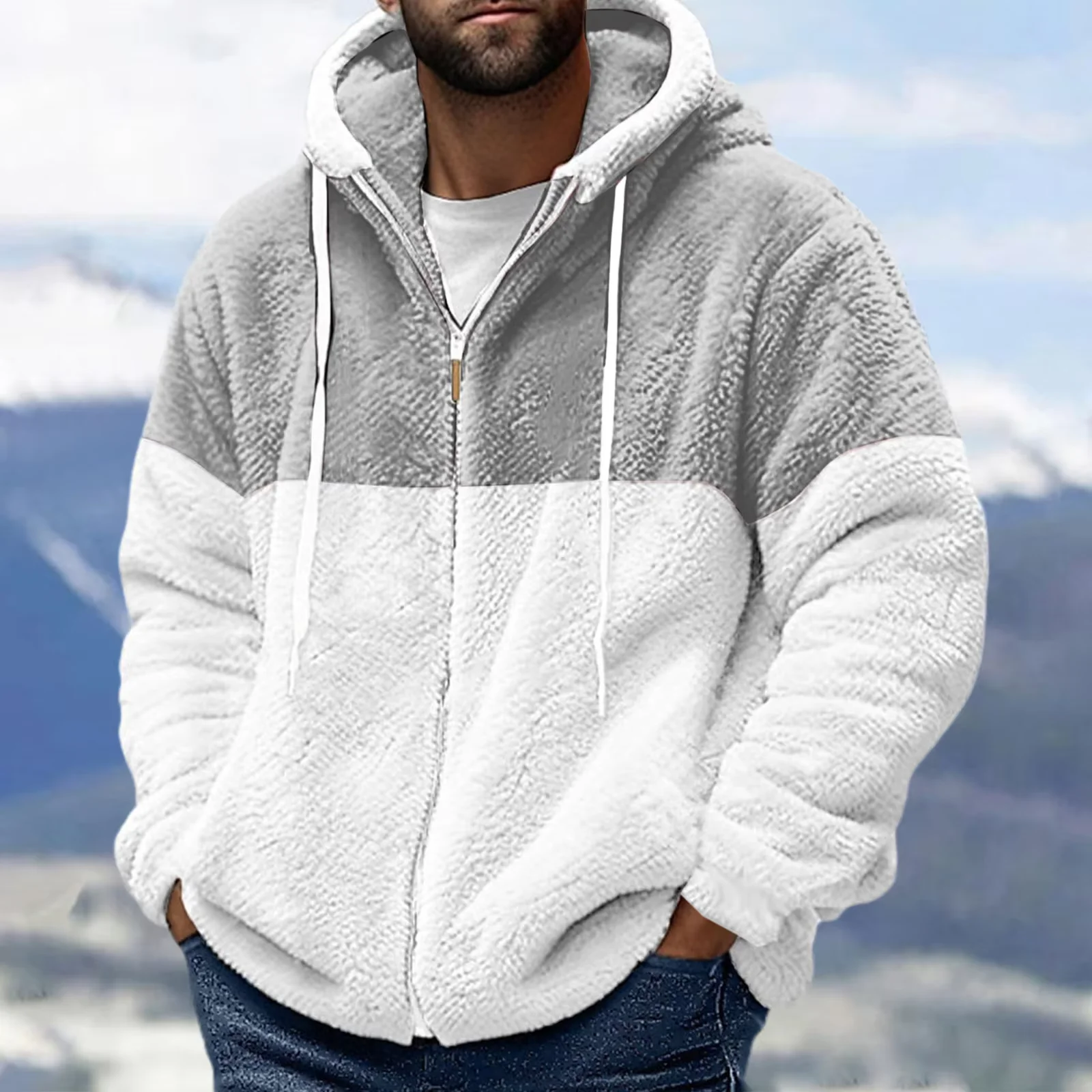 

Men Plush Hoodie Casual Lightweight Contrast Color Long Sleeve Zip up Sweatshirt for Autumn Winter Fashion Streetwear