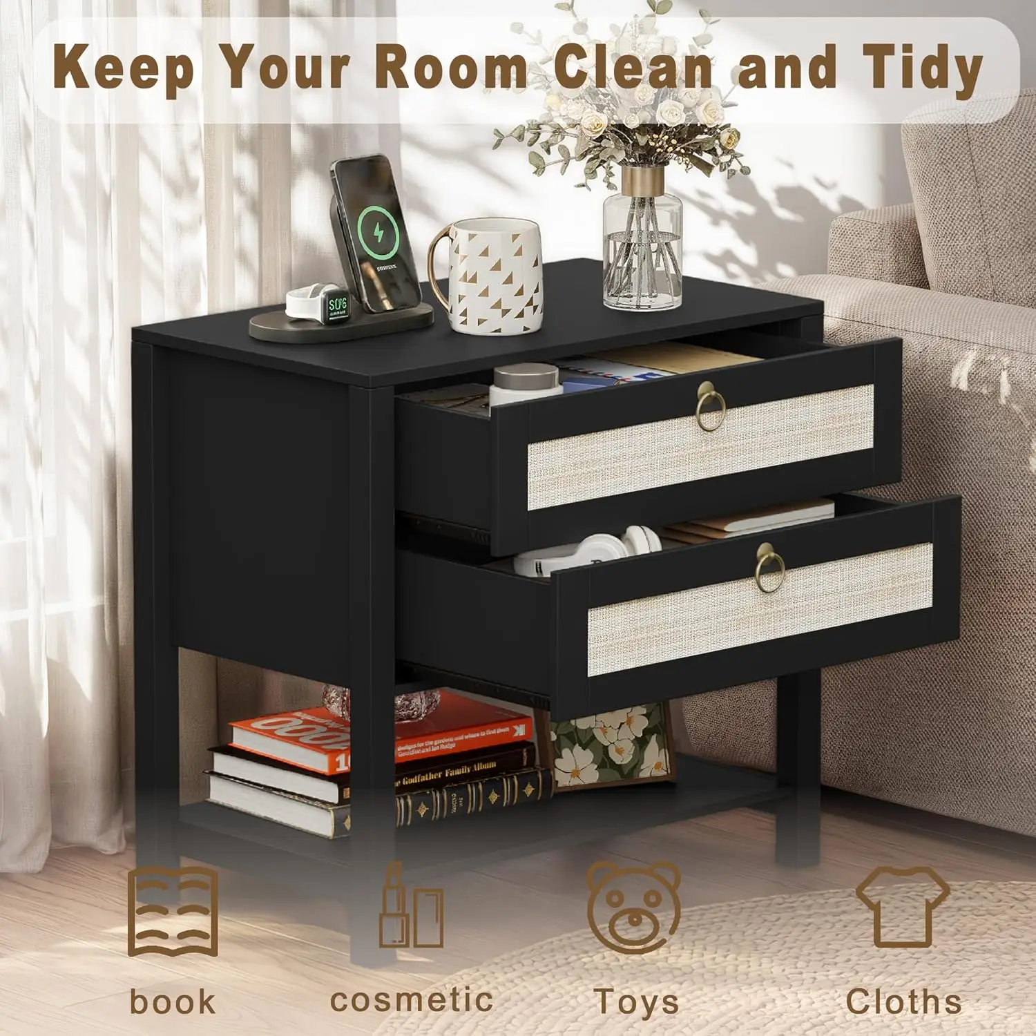 Nightstand Set of 2, Wide Night Stand Bedside Table, Rattan Boho Decor Drawer & Open Shelf, Wooden End Table for, Customized - view 4