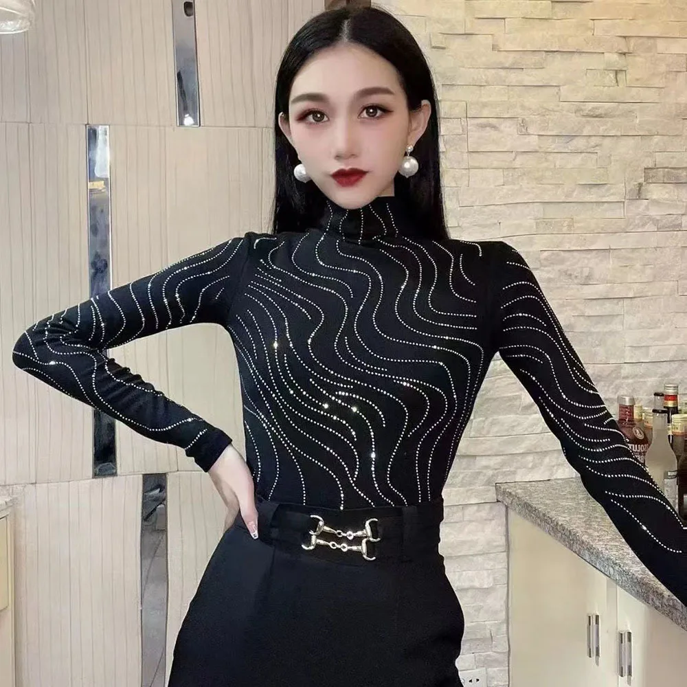 Camiseta con diamantes para mujer, Tops de cuello alto para mujer, Jersey ajustado, blusa, moda de otoño, camisetas femeninas de tendencia 2024