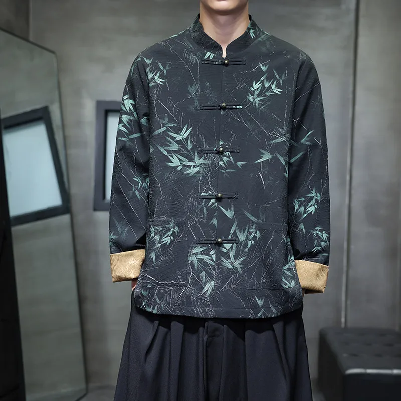 Vintage Chinese Style Bamboo Print Jacket Coat New Chinese Frog Button Stand Collar Tang Suit​