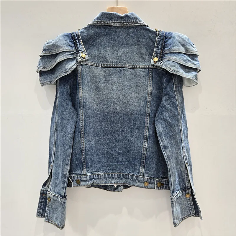 Denim Jacket Women Washed Vintage Coat Removable Shoulder Pads Streetwear Jackets Distressed Female Outerwear Spring 2026