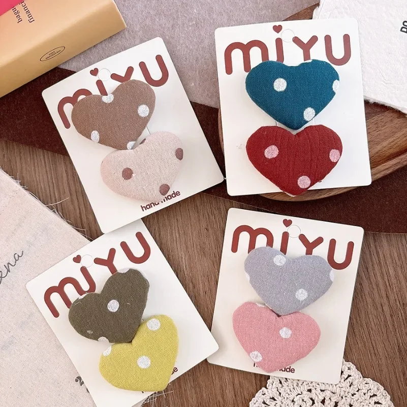 2Pcs Colorful Girls Dot Hair Clips Heart Shape Korean Sweet Cotton Fabric Hair Accessories Dot Spot Baby Headwear BB Hairpins