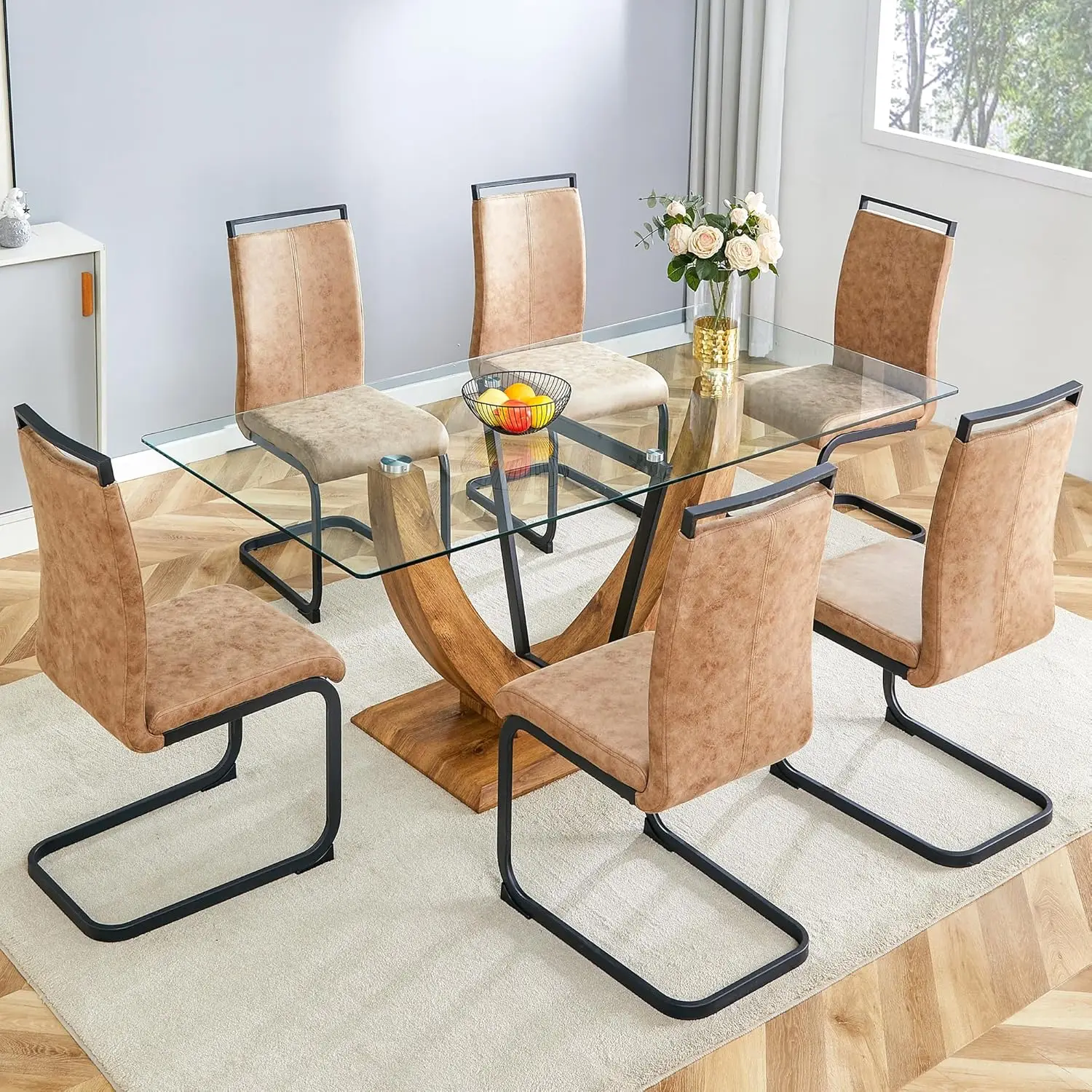 

71" Glass Dining Table Set for 6,Tempered Glass Table Top with U-Shaped Legs and Upholstered Dining Chairs