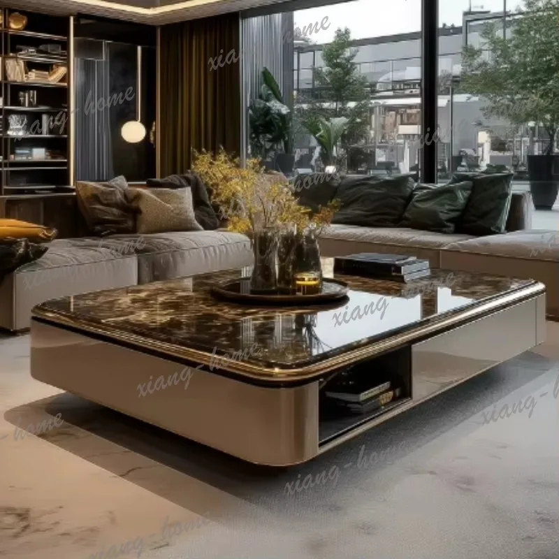 YJ Light Luxury Microcrystalline Stone Coffee Table 1.5m Italian Living Room Storage Tea Table Solid Wood Marble Center Table