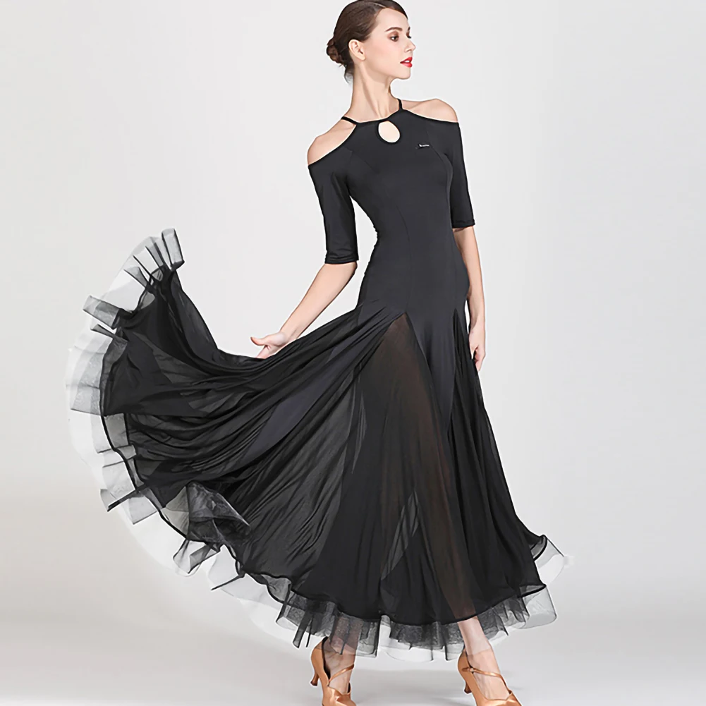 Vestido de valsa moderno, saia espinha de peixe, preto, vestidos de dança padrão para valsa, vermelho, gola redonda, elegante, meia manga, ombro aberto, palco