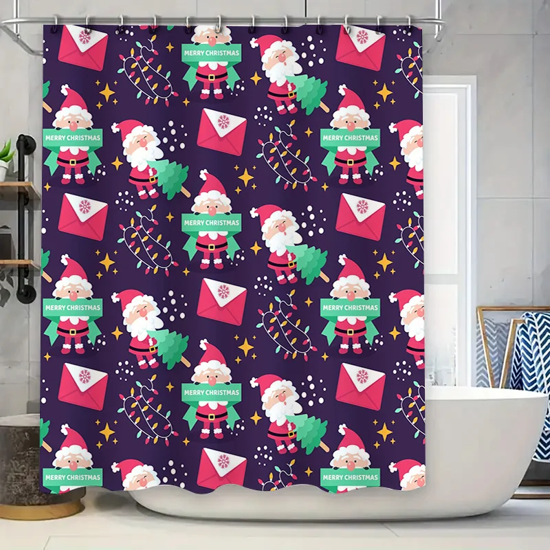 

Праздничный Рождественский комплект занавесок для душа Санта-Клауса, фиолетовый фон с рисунком оленя, украшенный аксессуарами для ванной комнаты в ванне