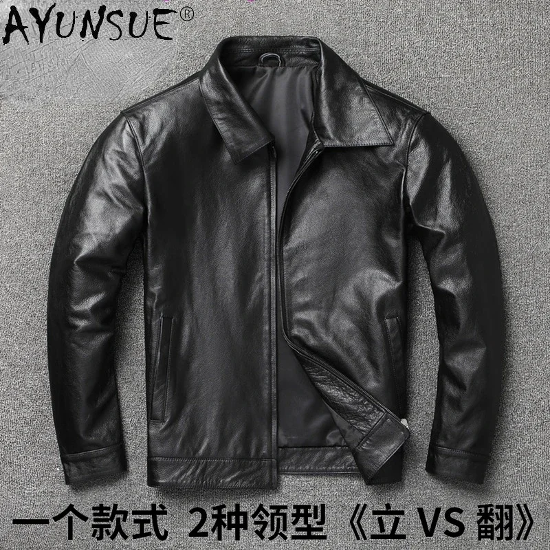 AYUNSUE 100% Genuine Leather Jacket Men Vintage Natural Cowskin Coat Spring Autumn Mens Leather Jackets 2021 Chaquetas Hombre FC