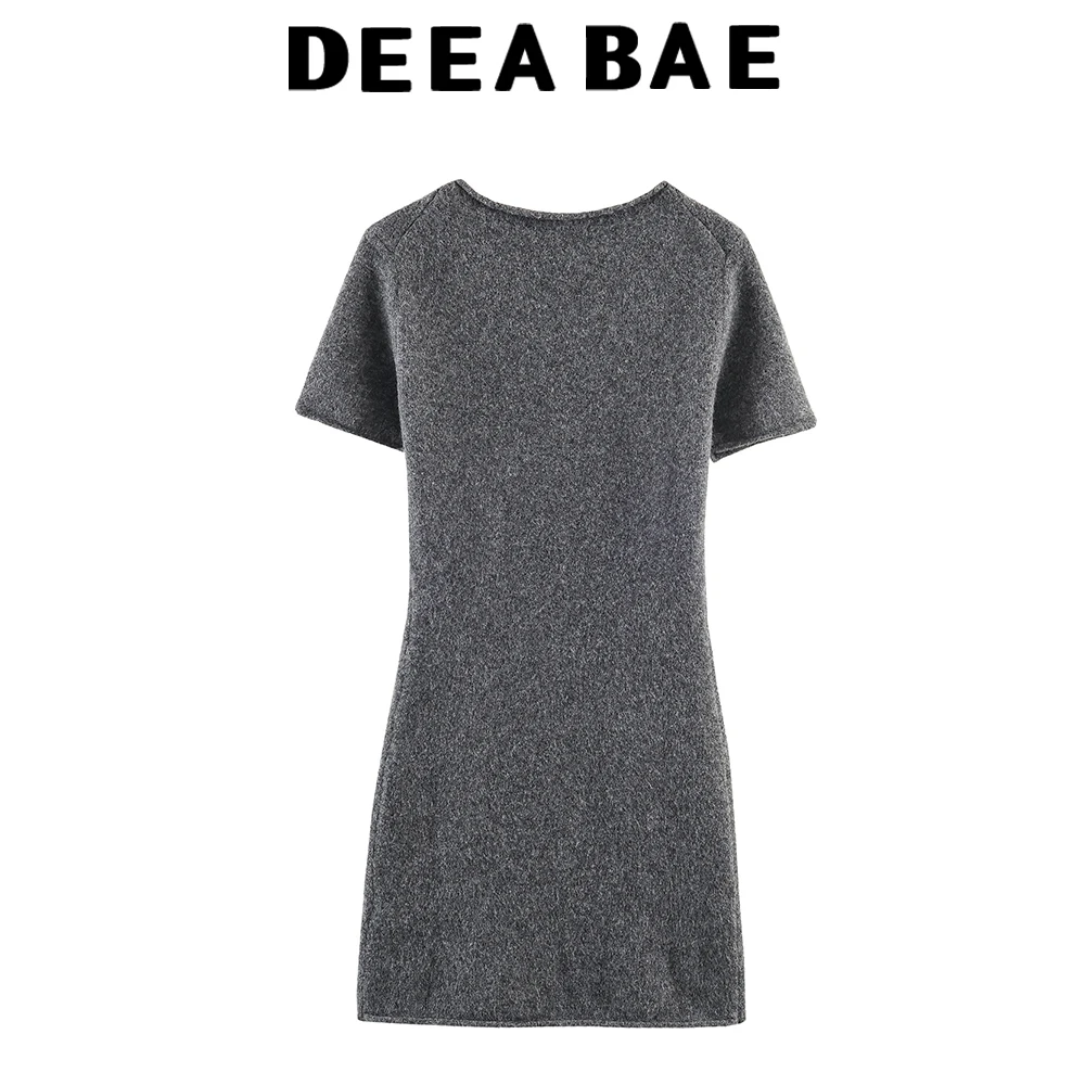 DEEABAE Winter nieuwe dameskleding Britse stijl zachte geribbelde mini-jurk met ronde hals en korte mouwen