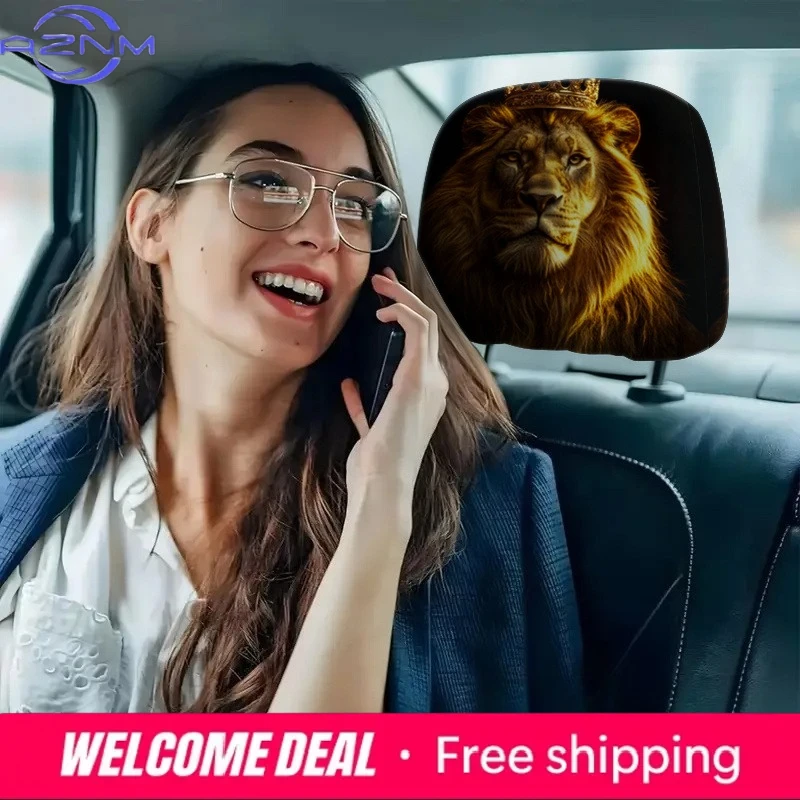 Crown-Wearing Lion Print Car Headrest Cover,an Ideal Choice for Car Interior Additions