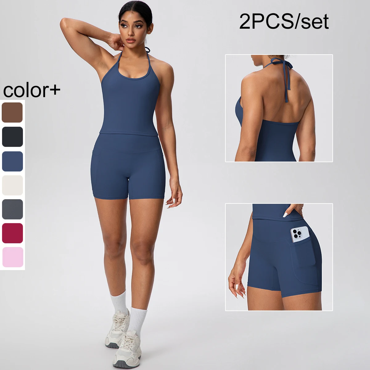 Rooftrellen Women Yoga Set Quick-Dry Hip Push Up Fitness Shorts With Pockets Sexy Beautiful Back Strap Vest with Chest Pad Set