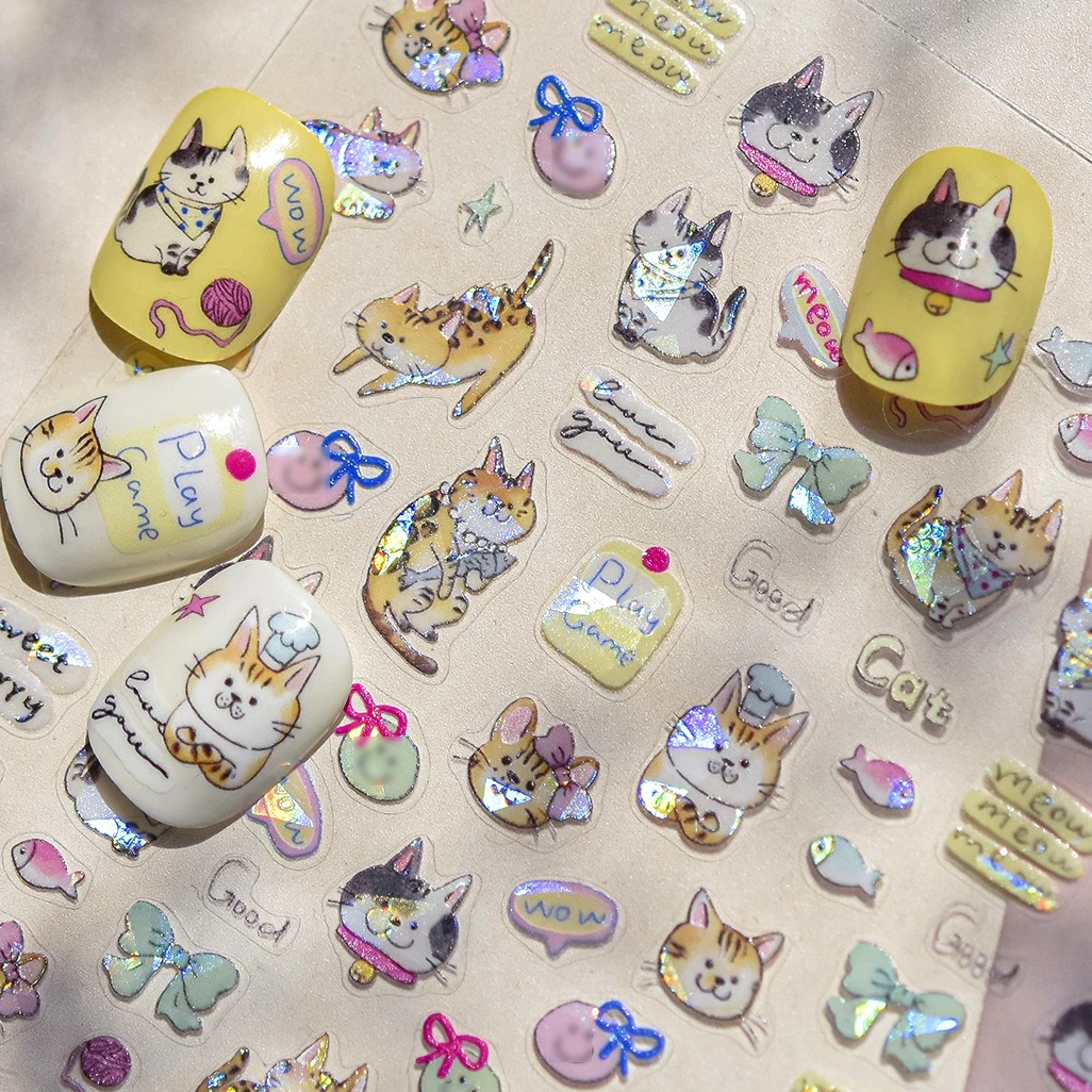 

Cute Leopard Cat Ginger Cat Paw Bowknot Knitting Wool Ball Fish Self Adhesive Nail Art Stickers IllusionChic Manicure Decals