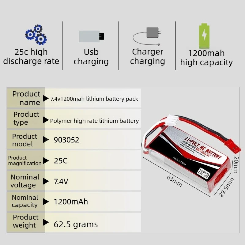 7.4V 25C High Discharge Rate 903052 1200mAh Lithium Polymer Rechargeable RC Batteries for RC Model Car, RC Model Aircraft