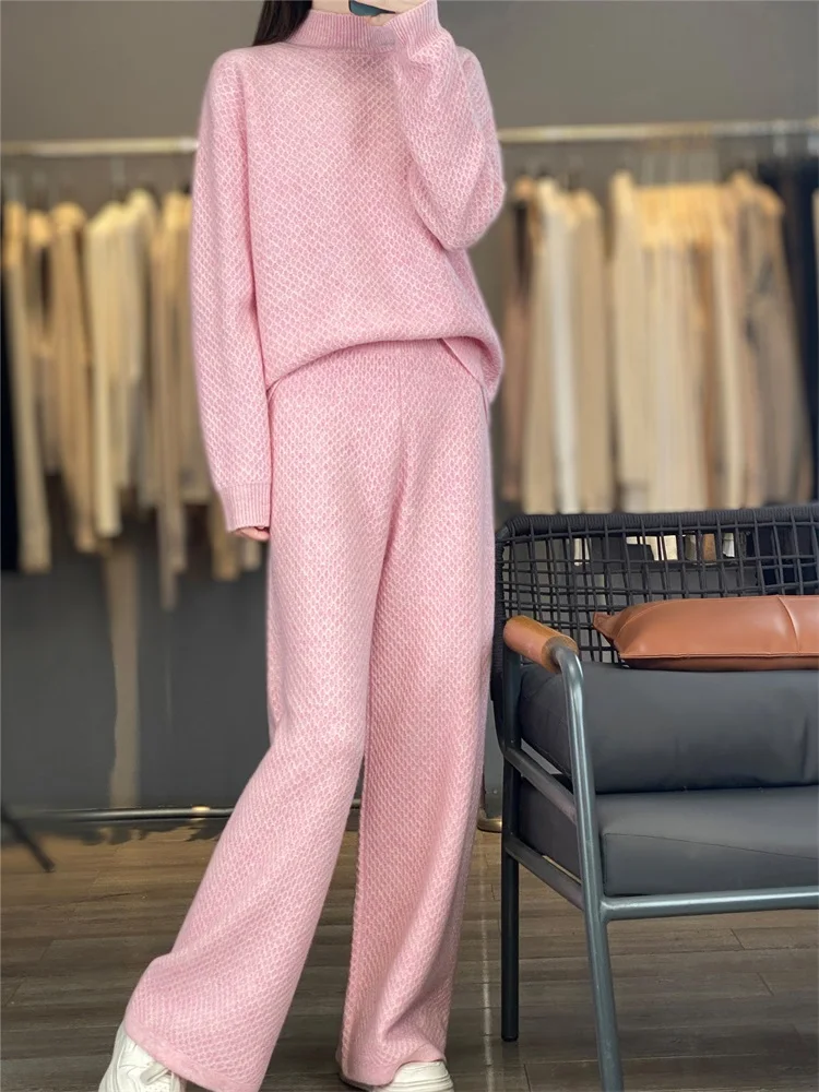 Women's Matching Set 100% Merino Wool High Neck Sweater Casual Solid Color Knitted Pants 2-Piece Set Loose Women's Clothing