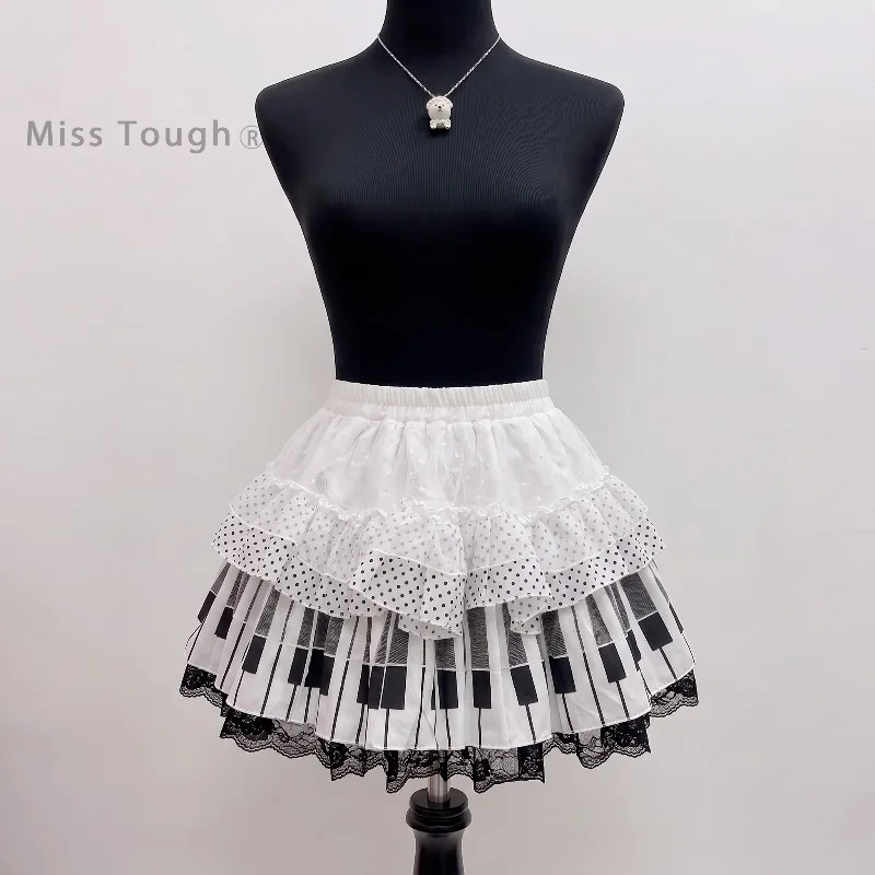 Japanese Y2K Cute Women's Polka Dot Piano Print Mini Skirt High Waist Ruffle Bow Trim Casual Party Music Festival Daily Outfits