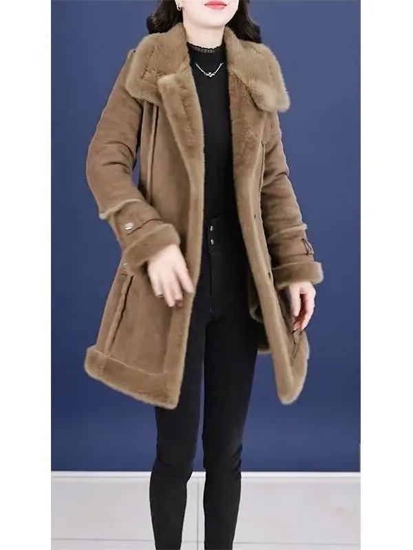 

Women's Thiened Warmth Inteated Leather Fur Coat Autumn Winter High ade Slimming Woolen Coat Long Sve Button Closure