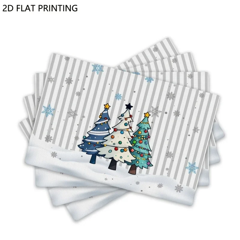 Striped Background Colorful Xmas Tree Snowflake Print Table Mat Fresh Winter Holiday Dining Table Decoration