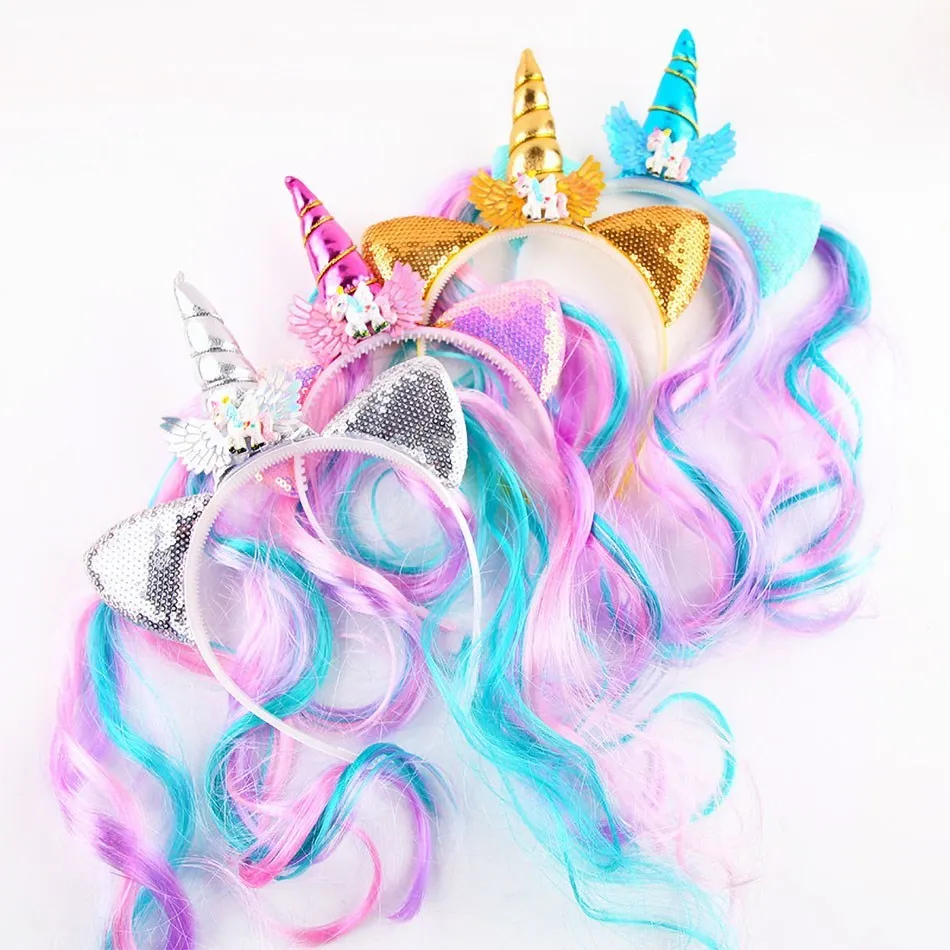 Children Unicorn Wig Headdress For Girl Fashion Colorful Ponytail Hair Ropes Accessories Kid New Birthday Party Mermaid Hairpins