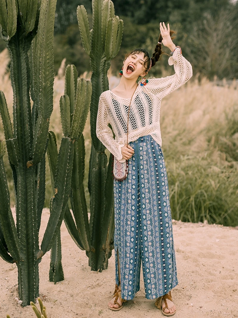 Pantalones de viaje bohemios para mujer, pantalón de pierna ancha con abertura, holgado, informal, Hippie, para Yoga y playa