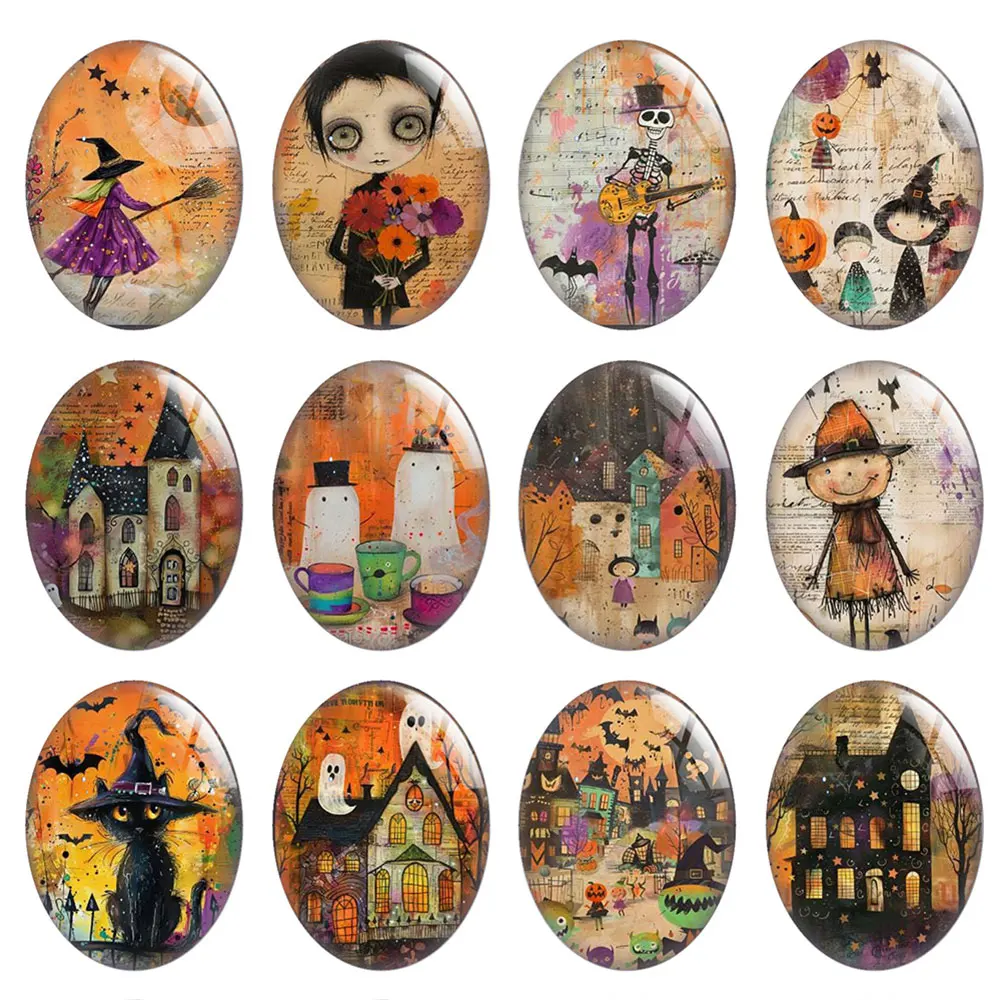 

10pcs/lot Halloween Witch Scarecrow Skull Hunting House Ghost Oval Photo Glass Cabochon Flatback Demo Cameo Diy Jewelry Making