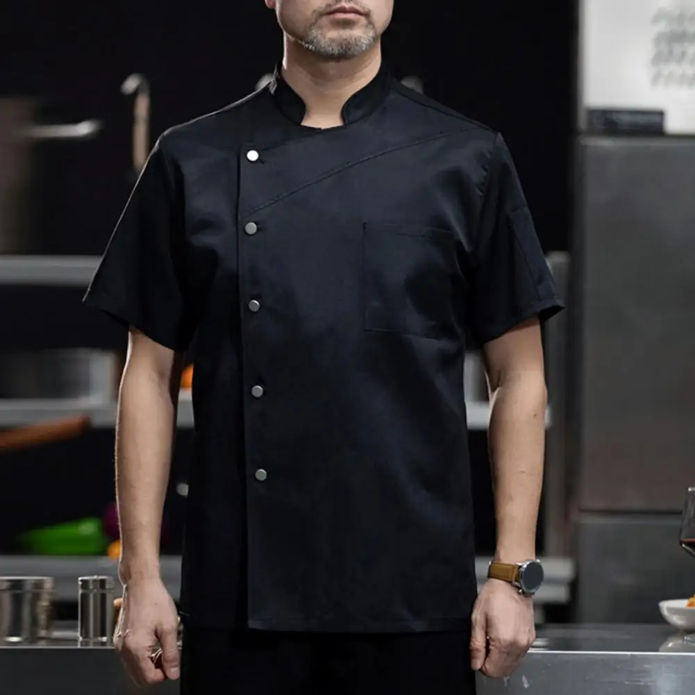 Chemise de chef à manches courtes, col montant, simple boutonnage, poche plaquée, uniforme de chef, restaurant Chamonix, vêtements de travail de cuisine, haut