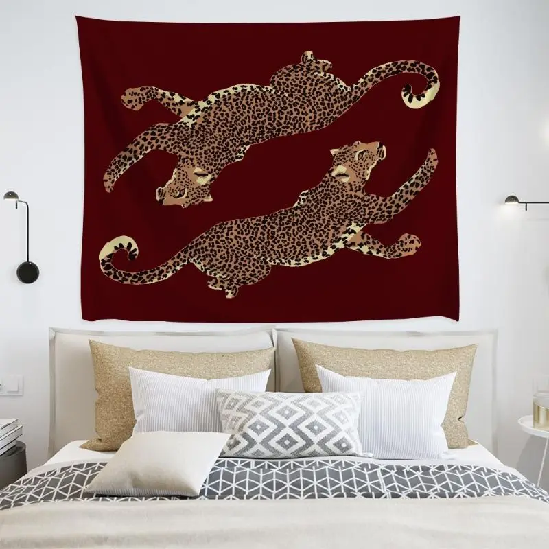 VIKAMA Retro Light Luxury Wild Wine Red Double Leopard Tapestry Bedroom Living Room Atmosphere Wall Hanging Home Wall Decoration